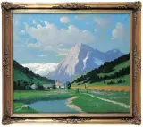 Josef Muhbeck, Krajobraz Alpejski z Wioską w Dolinie, 1940, olej, płótno