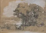 Władysław Aleksander Malecki, Pejzaż znad Chiemsee - Widok na Herreninsel, 1868, olówek, bialy gwasz, papier