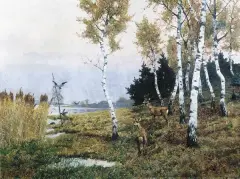 Georg Koch, Sarny w brzezinie na brzegu jeziora, 1893, olej, płótno