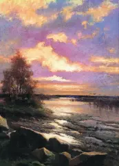 Marceli Harasimowicz, Zachód słońca nad jeziorem, 1924, olej, płótno