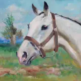 Jerzy Kossak, Głowa konia, 1947, olej, sklejka