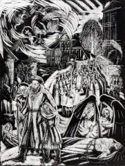 Stefan Mrozewski, Grafika z teki Legendy o Warszawie, ok. 1930, drzeworyt, papier