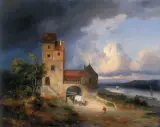 Mal. niemiecki lub austriacki, 48. Pejzaż nadrzeczny z wieżą i bramą, 1844, olej, deska