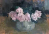 Różowe róże w białym wazonie by Alfons Karpiński, olej, tektura, sold Jun 2004