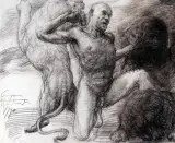 Grzegorz Stachańczyk, Walczący z lwami, 1997, kredka, papier