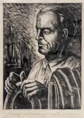 Dworzanik, Ociemniały - przodownikiem pracy, 1952, drzeworyt, bibułka krem.