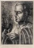 Dworzanik, Ociemniały - przodownikiem pracy, 1952, drzeworyt, bibułka krem.