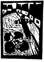 Jerzy Duda-Gracz, Zabawa dzieci podczas święta Purym, 1964, drzeworyt, papier