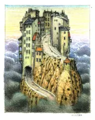 Jacek Yerka, Uliczka, 2004, kredki, ołówek, gwasz, akwarela, karton