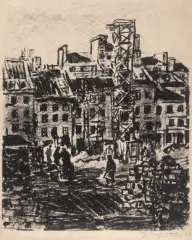 Józef Tom, Odbudowa Rynku Starego Miasta w Warszawie, 1953, litografia, papier