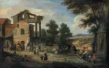 Pejzaż z gospodą wśród ruin i drzew by Północny malarz italianista, 1685, olej, deska, sold May 2004