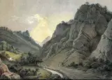 Joseph Mössmer, Krajobraz górski z drogą i domkiem, 1807, akwarela, gwasz, papier