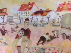 Paweł Lasik, Na rynku w Miłosławiu, 1998, akryl, ołówek, płótno
