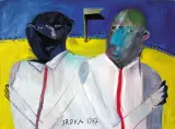 Jacek Sroka, Dwaj mężczyźni z flagą, 1987, olej, płótno