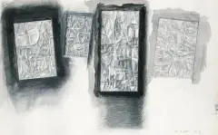 Marek Chlanda, Cztery płaszczyzny (szkic instalacji ?), 1990, ołówek, węgiel, tusz pędzel, karton kremowy
