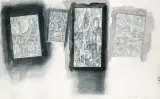 Marek Chlanda, Cztery płaszczyzny (szkic instalacji ?), 1990, ołówek, węgiel, tusz pędzel, karton kremowy