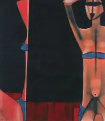 Jerzy Nowosielski, Dziewczyna w kostiumie kąpielowym z lustrem, 1976, farby polimerowe, płótno