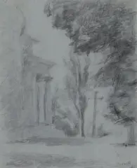 Jerzy Wolff, Pejzaż z krzyżem, 1935, ołówek, papier