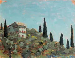 Jan Bohuszewicz, Cyprysy na stoku pagórka, 1931, olej, karton