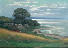 Adolf Rheinert, Pejzaż nadmorski z chatami, 1915, olej, płótno
