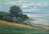 Adolf Rheinert, Pejzaż nadmorski z chatami, 1915, olej, płótno