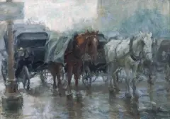 Marcin Kitz, Dorożki w deszczu, 1938, olej, płótno
