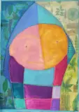 Bogna Czechowska, Pajacyk w turkusowym kapturku, 2002, collage , pastel, tusze barwne, karton