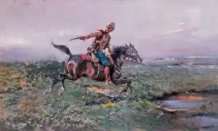 Jeździec na stepie by Tadeusz Ajdukiewicz, po 1900, olej, płótno, sold Dec 2003
