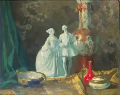 Max Dürschke, Martwa natura z porcelanową figurką, ok. 1920, olej, płótno