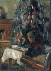 Emil Wennerwald, Przy choince, ok. 1920, olej, tektura