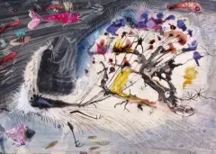 Józef Wilkoń, Paw i ryby, tusz pióro, pędzel,akwarela, gwasz, pastel, papie