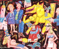 Robert Gebethner, Scena figuralna z żółtym stworem, 1998, tempera, karton