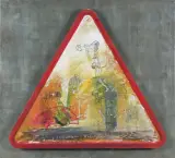 Henryk Cześnik, TRĘDOWACI I WARIACI, 1999, olej, znak drogowy, technika własna, płyta