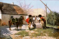 Jan Rosen, Zaloty [Huzarzy przy studni], 1890, olej, płótno