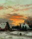 Karl Gustav Rodde, Krajobraz zimowy z zachodzącym słońcem, 1929, olej, tektura