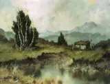 Ernst Bröcker, Pejzaż górski z wodą i szałasem