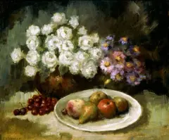 Julius Brouwers, Martwa natura z kwiatami i owocami, po 1900, olej, płótno