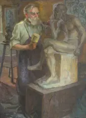Juliusz Krajewski, Rzeźbiarz przy pracy, olej, płótno