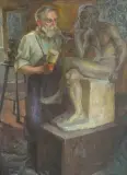 Juliusz Krajewski, Rzeźbiarz przy pracy, olej, płótno