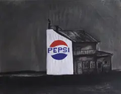 Stanisław Rodziński, Pejzaż z reklamą pepsi, lata 90, pastel, gwasz, papier