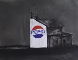 Stanisław Rodziński, Pejzaż z reklamą pepsi, lata 90, pastel, gwasz, papier