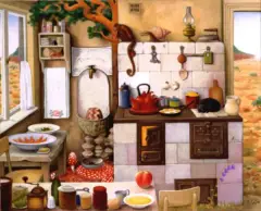 Jacek Yerka, KUCHNIA BABCI, 2003, pastel, papier