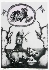 Ilustracja do "Folwarku zwierzęcego" G. Orwella by Jan Lebensztejn, litografia, papier, sold Jun 2003