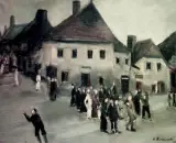 Andrzej Siemiński, W miasteczku, olej, płótno