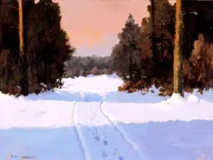 Droga leśna zimą by Wiktor Korecki, po 1945, olej, tektura, sold Jun 2003