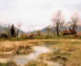 Josef Burger, Pejzaż z górami w dali, olej, płótno