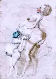 Spacerowicze (promeneurs) by Jan Lebensztejn, 1962, długopis, tusze barwne, pióro, pędzel, papier, sold Apr 2003