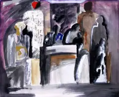 Stanisław Rodziński, Postaci we wnętrzu, 1964, akwarela, gwasz, tektura