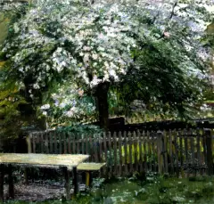 Sad - kwitnące drzewo by Erich Martin Müller, olej, płótno, sold Mar 2003