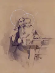 Piotr Stachiewicz, MADONNA Z DZIECIĄTKIEM, akwarela, gwasz, papier